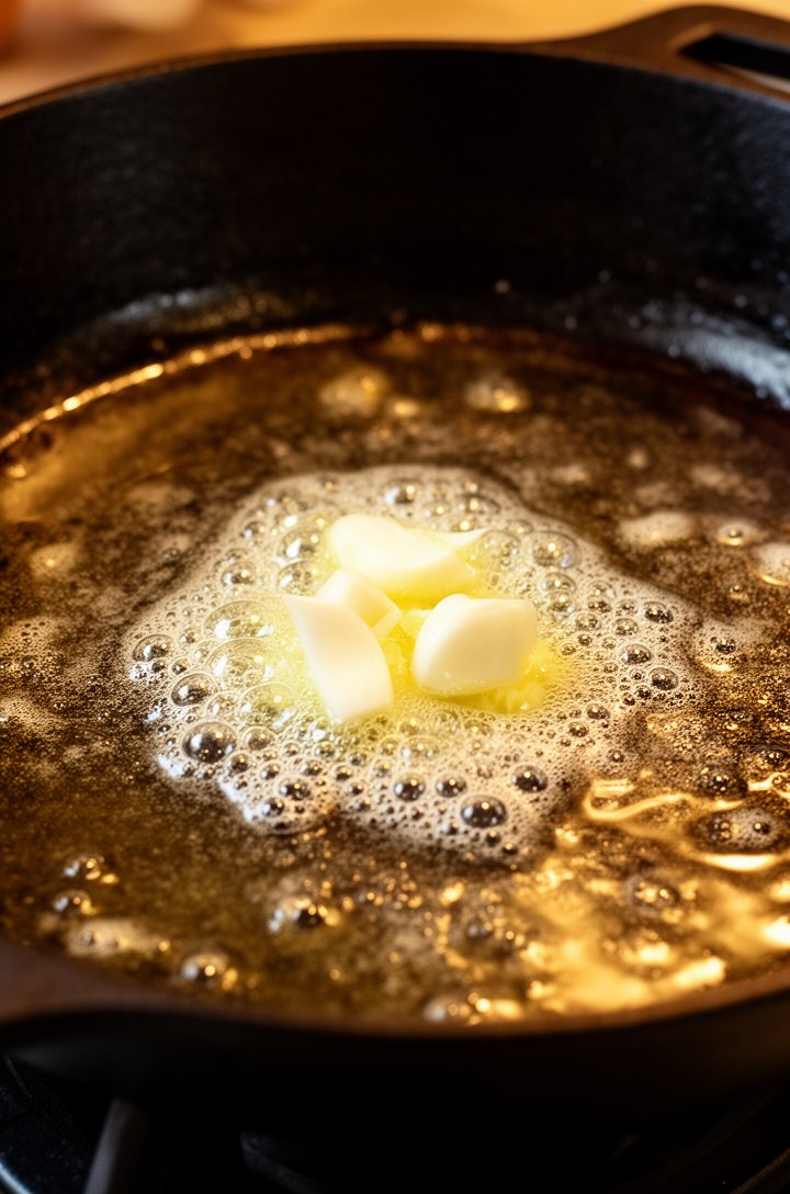 Side-angle close-up of melted butter foaming and sizzling in a large dark cast iron skillet over high heat, two minced garlic cloves just added to the center of the pan, tiny bubbles forming around the garlic pieces, warm golden lighting reflecting off the butter surface, shallow depth of field