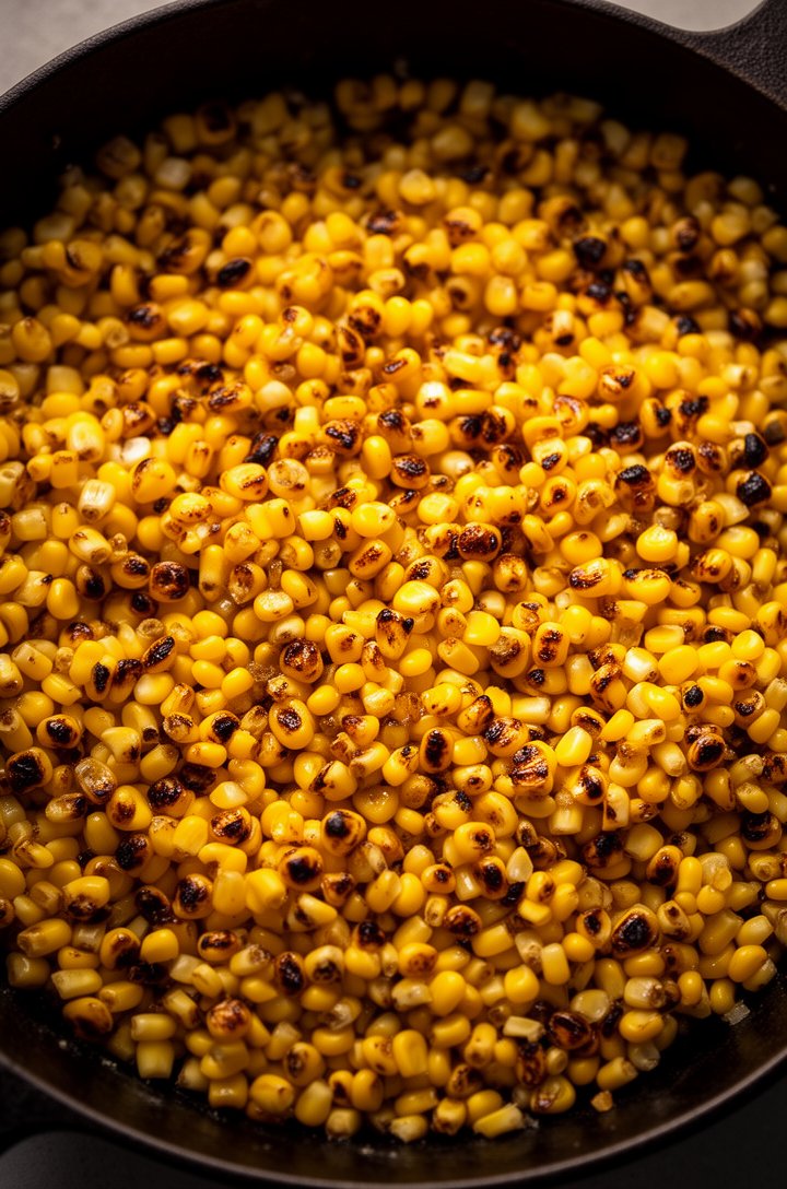 Overhead shot looking straight down into a cast iron skillet filled with corn kernels showing distinct golden-brown charred spots on many kernels, some kernels still bright yellow for contrast, the surface looks slightly caramelized and smoky, no utensils in frame, warm amber side lighting casting shadows across the textured corn surface