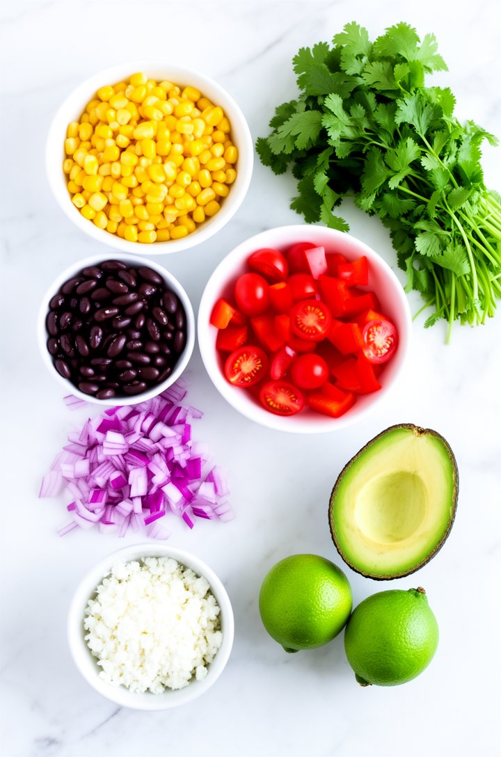Overhead flat-lay of Mexican salad ingredients arranged in small white bowls on a bright white marble surface — a bowl of bright yellow corn kernels, a bowl of glossy rinsed black beans, halved red ch