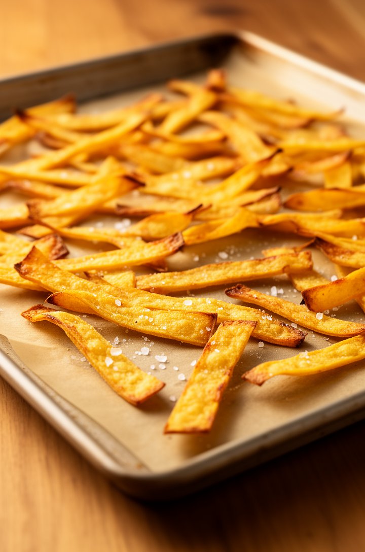 Close-up three-quarter angle shot of golden-brown crispy baked corn tortilla strips scattered on a parchment-lined baking sheet, fresh from the oven, edges curled and lightly browned, sprinkled with c