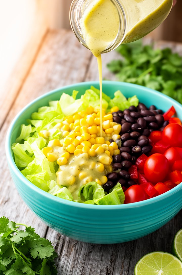 Action shot from a three-quarter overhead angle of cilantro lime dressing being drizzled from a small glass jar over a large turquoise ceramic bowl filled with chopped romaine, yellow corn kernels, bl