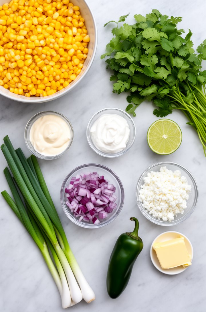 Overhead flat-lay of all ingredients for Mexican street corn salad arranged on a light marble surface — a bowl of bright yellow corn kernels, small glass bowls of mayonnaise, sour cream, grated parmes