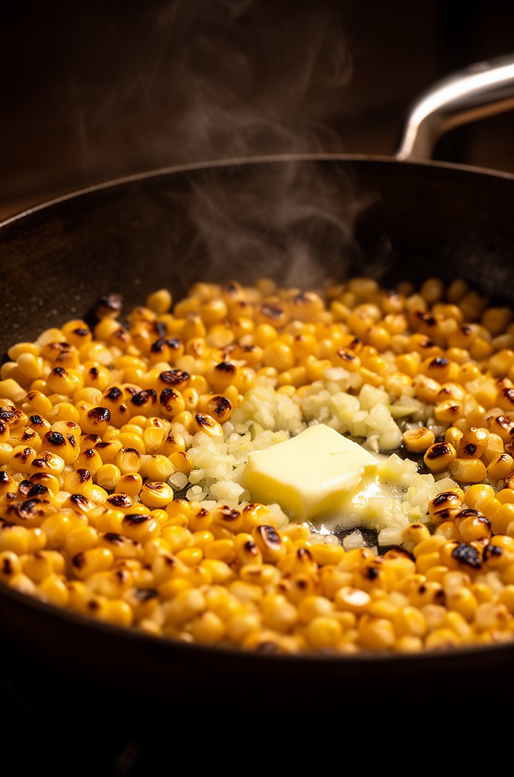 Close-up 45-degree angle shot of golden corn kernels charring in a large dark skillet, some kernels showing deep golden-brown caramelized spots, tiny pieces of minced garlic visible among the kernels,