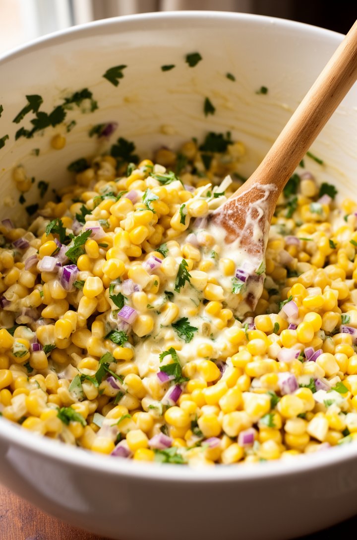 Extreme close-up macro shot of Mexican street corn salad being tossed in a large white mixing bowl, showing creamy dressing coating each golden corn kernel, flecks of bright green cilantro and purple 