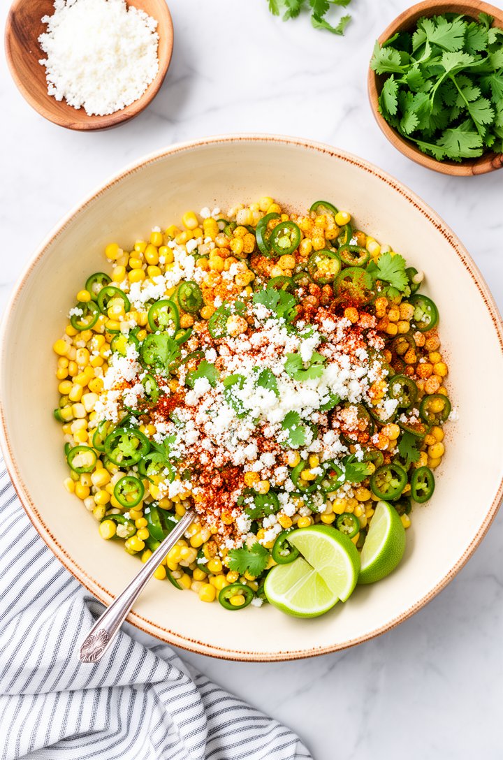 Overhead shot of finished Mexican street corn salad in a large cream-colored ceramic serving bowl with a rustic rim, corn salad topped with crumbled white cotija cheese, scattered fresh cilantro leave