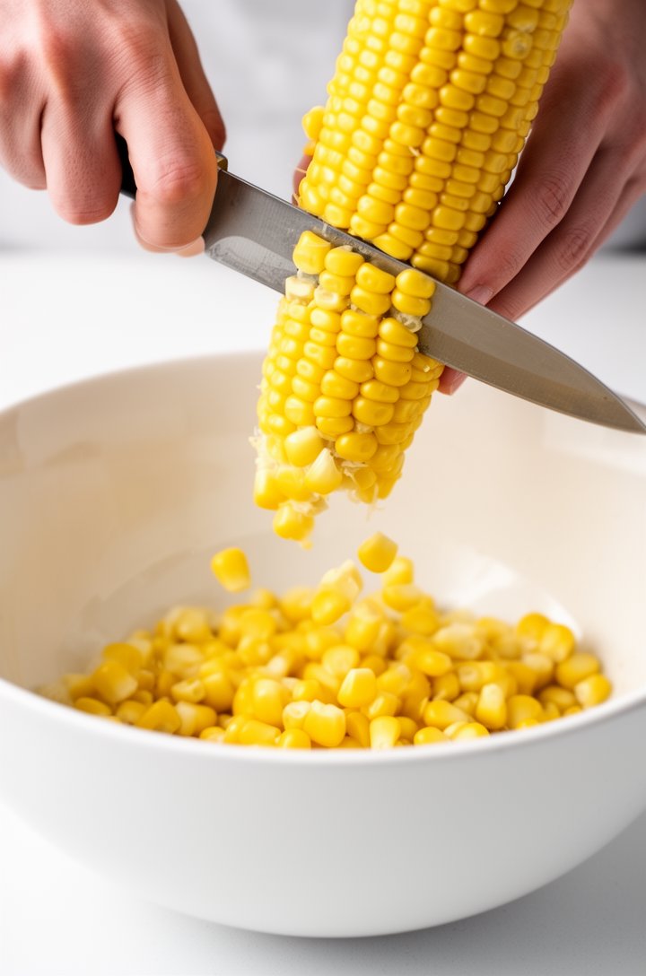 Close-up of fresh corn being cut off the cob — a sharp knife slicing downward along a golden ear of corn standing upright inside a large white bowl, bright yellow kernels falling in a cascade, clean white kitchen background, bright overhead natural lighting, tight crop showing hands, knife, corn, and falling kernels