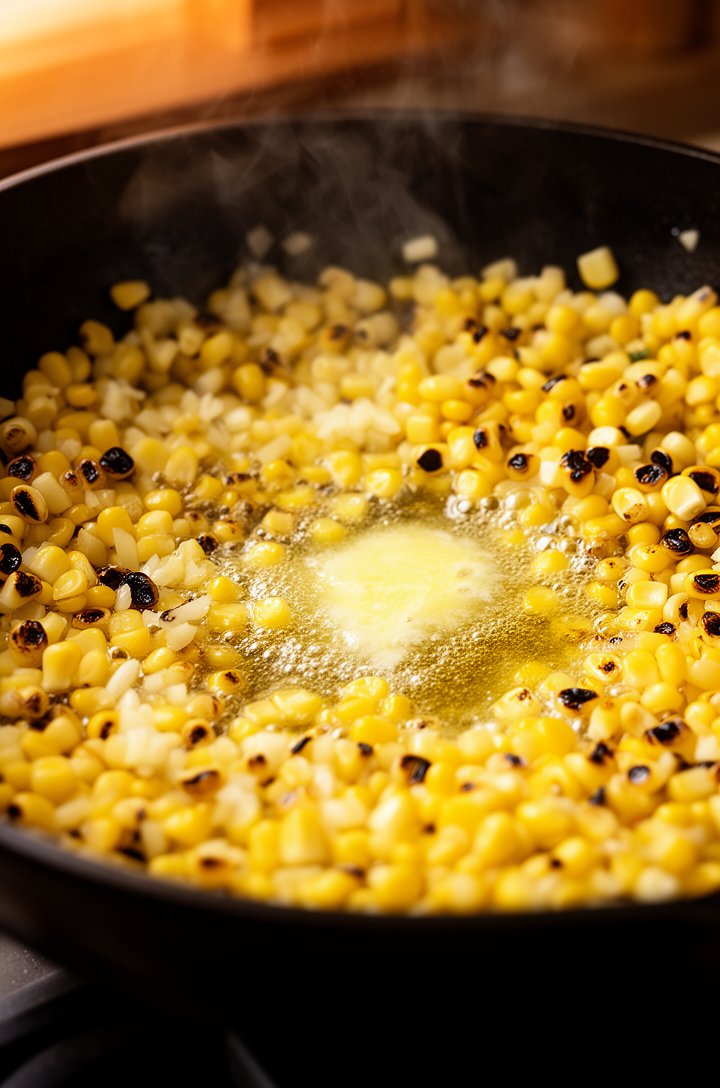 45-degree angle close-up of corn kernels cooking in a large black skillet over high heat, golden butter melted and sizzling, some kernels showing dark charred spots while others remain bright yellow, tiny minced garlic pieces scattered throughout, steam rising from the skillet, warm amber kitchen lighting from the side
