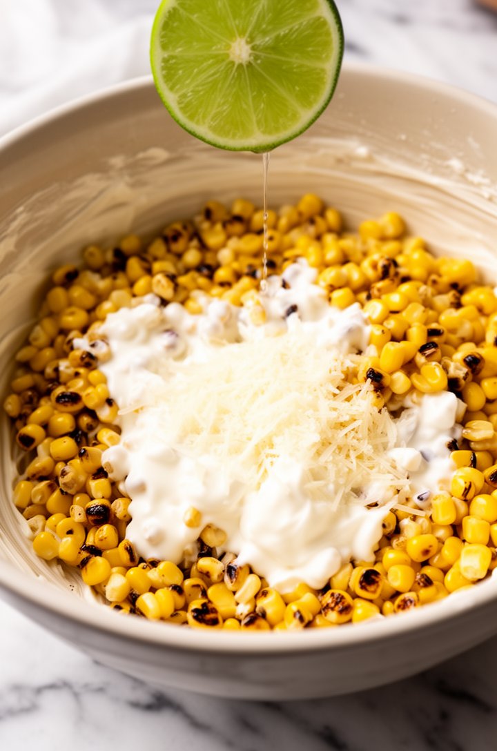 Overhead shot of a large mixing bowl with hot charred corn being tossed with creamy white dressing — dollops of mayo and sour cream melting into the warm kernels, grated parmesan visible, a squeeze of lime juice mid-pour from a halved lime above, bright natural lighting, marble surface