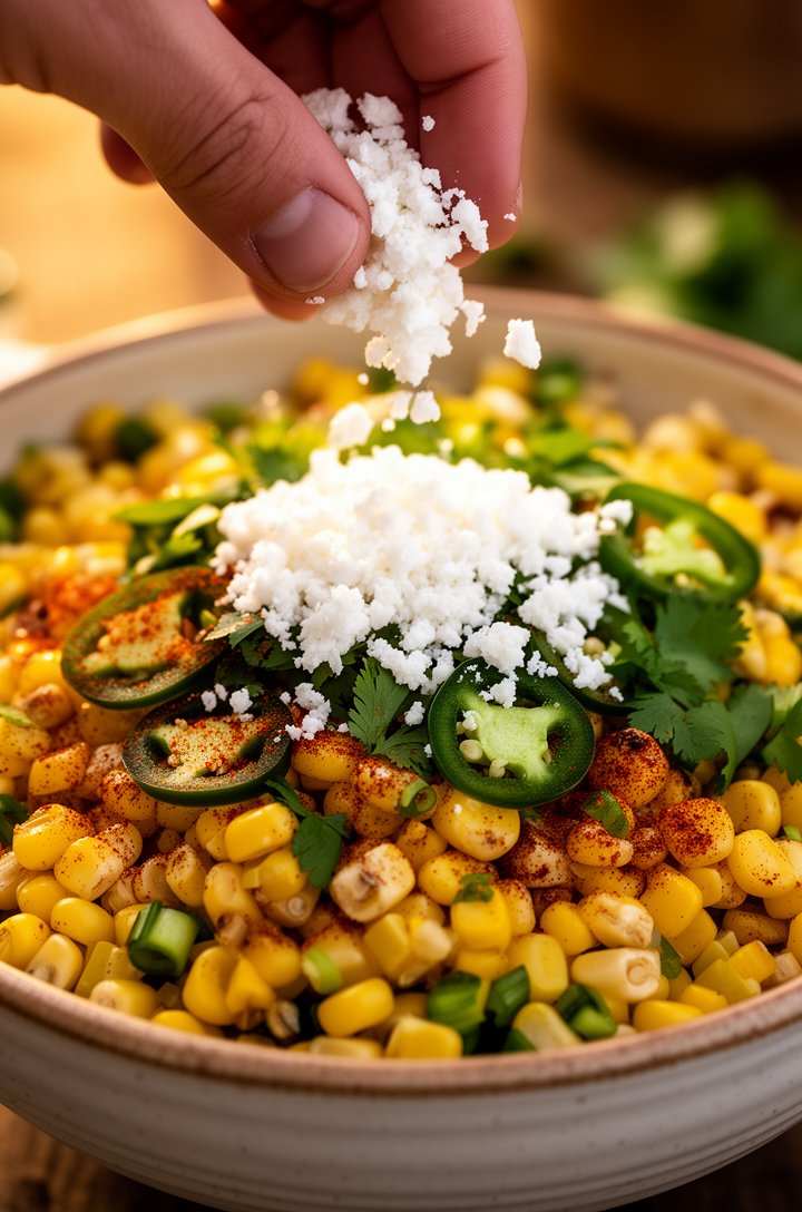 Close-up of the finished Mexican street corn salad being garnished — a hand crumbling white cotija cheese over the top of the dressed corn salad in a ceramic bowl, chopped cilantro and sliced jalapenos already scattered on top, chili powder dusted in a light layer, shallow depth of field, warm golden-hour side lighting
