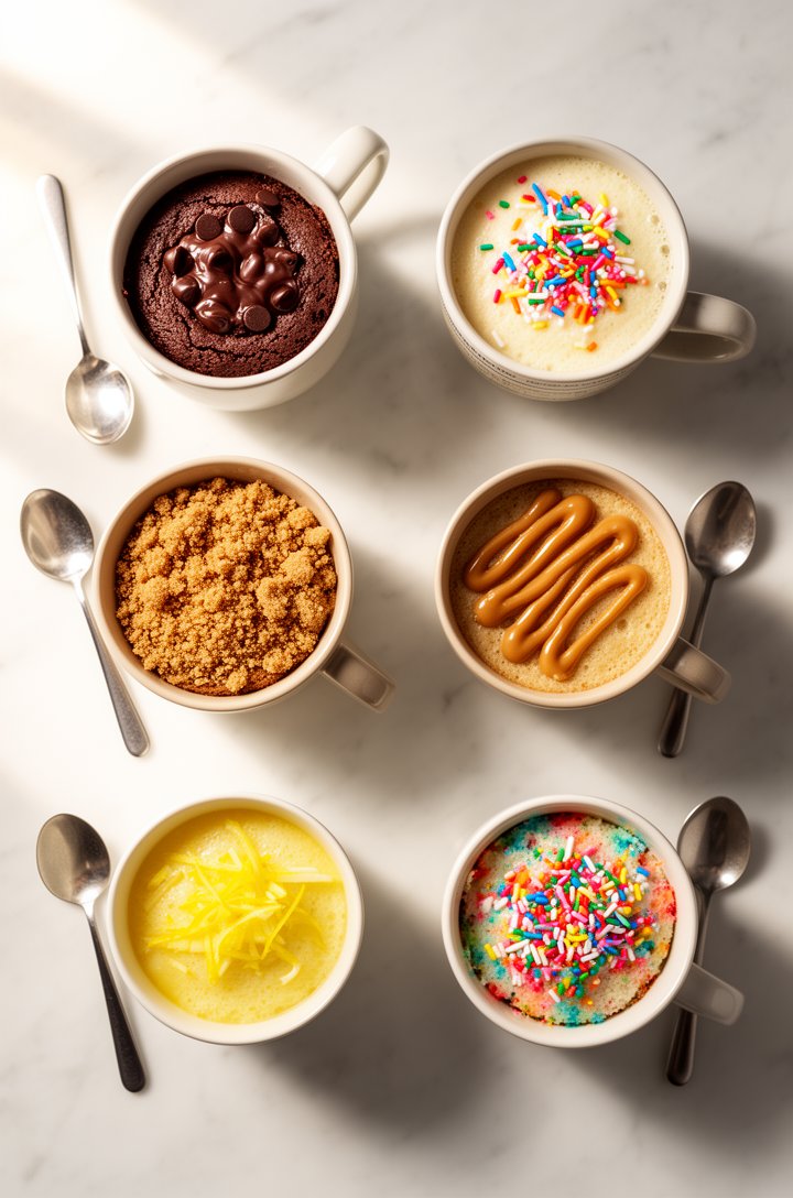 Overhead flat-lay of a white marble surface with six different mugs arranged in two rows, each filled with a different flavor of mug cake — one chocolate with melted chips visible, one vanilla with ra