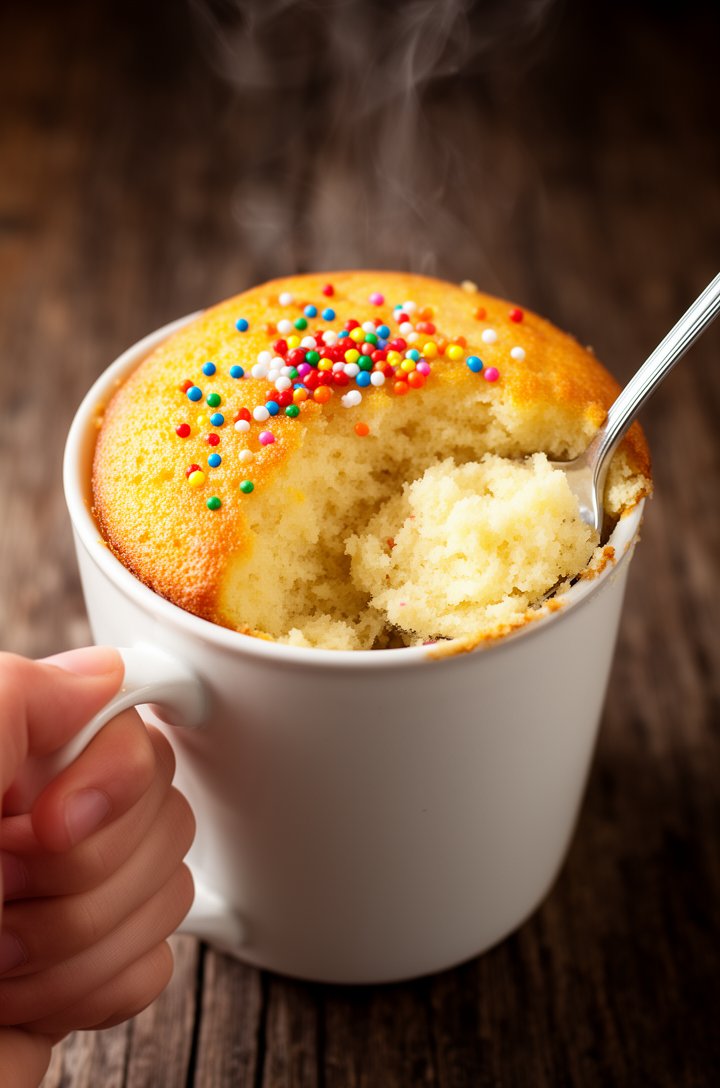 Close-up 45-degree angle shot of a hand holding a white ceramic mug filled with a freshly cooked vanilla mug cake, the top golden and slightly domed with rainbow sprinkles dotted across the surface, s