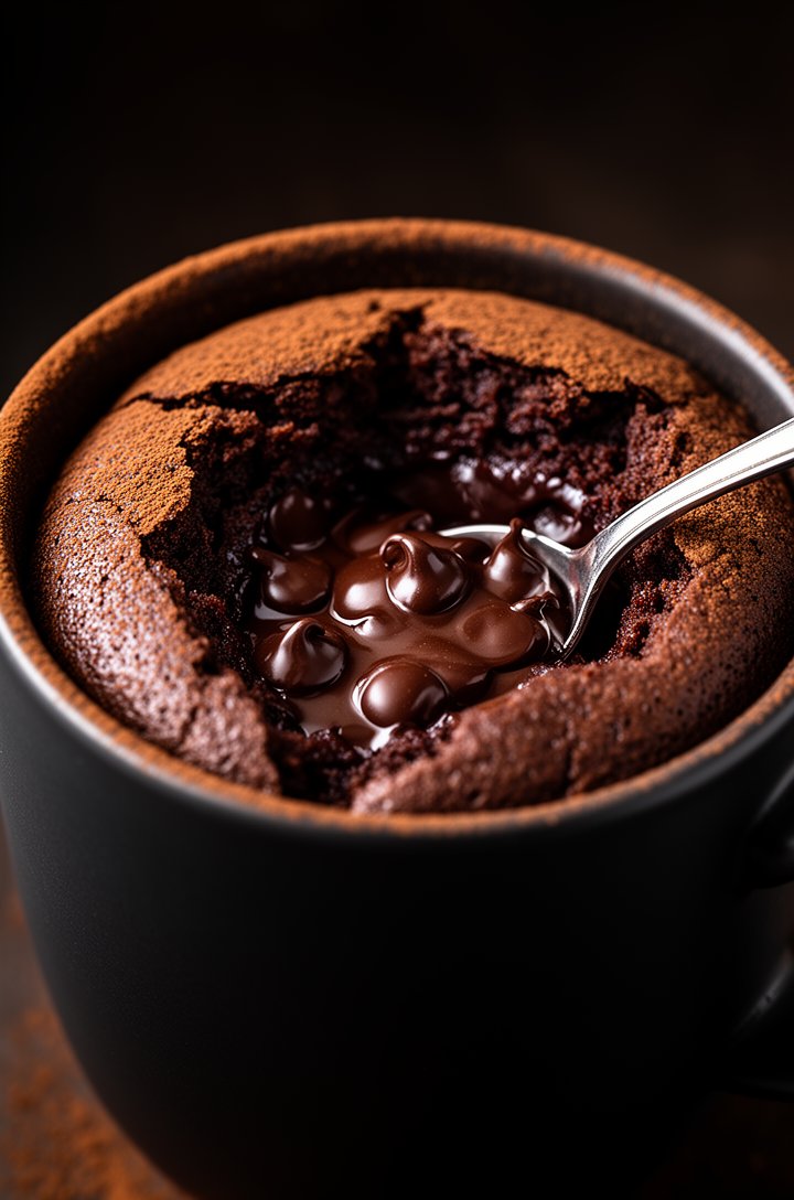 Extreme close-up macro shot of a dark chocolate mug cake in a matte black mug, the top cracked open revealing a molten chocolate center with melted chocolate chips oozing out, a small silver spoon sco