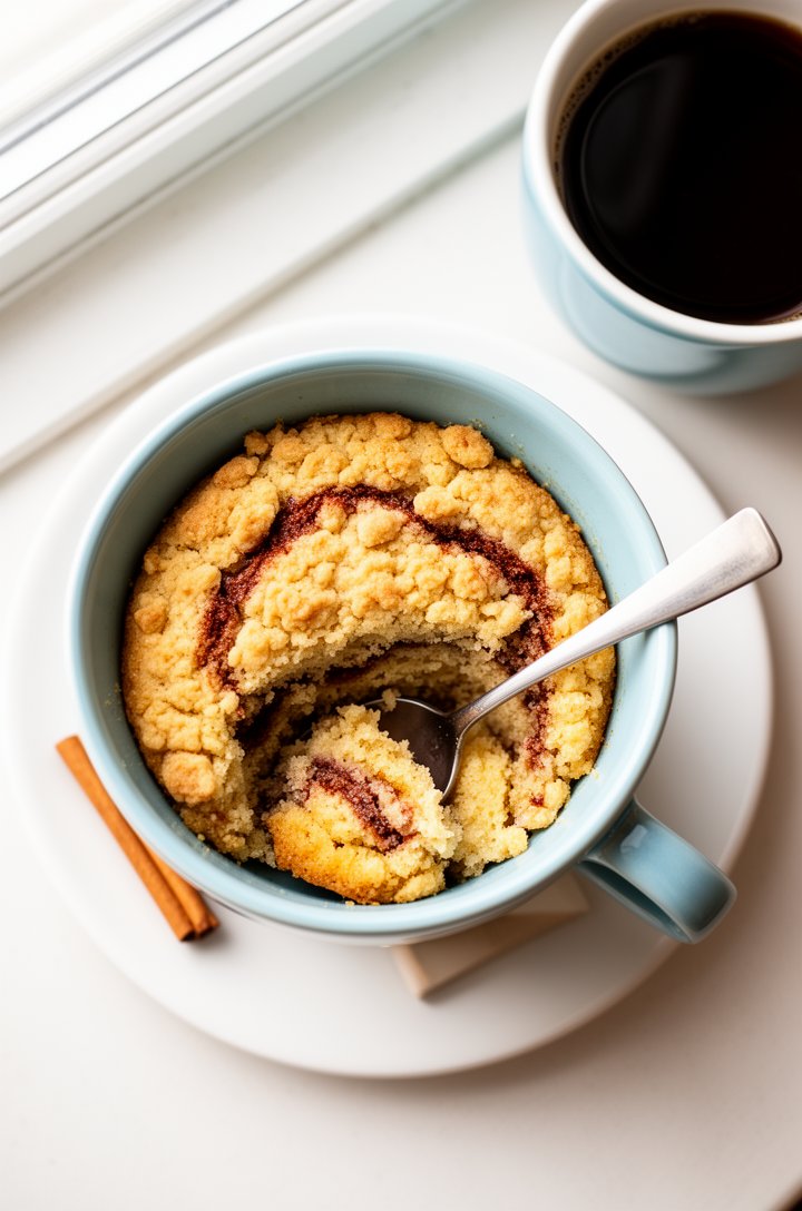 Top-down overhead shot of a coffee cake mug cake in a light blue ceramic mug on a white saucer, golden crumbly streusel topping with visible cinnamon swirls, the cake cut through with a spoon showing 