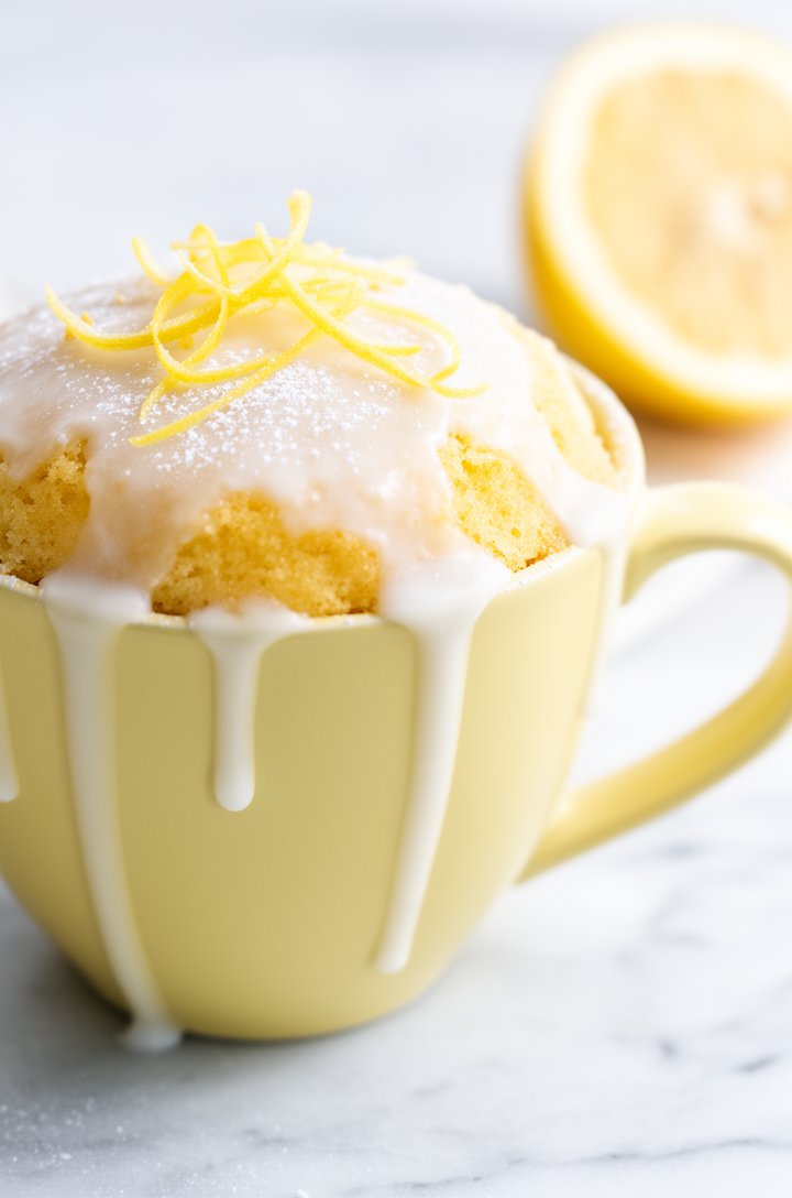 Close-up side-angle shot of a lemon mug cake in a pastel yellow mug, white powdered sugar glaze dripping down the sides of the golden cake, thin curls of lemon zest scattered on top, a lemon half visi