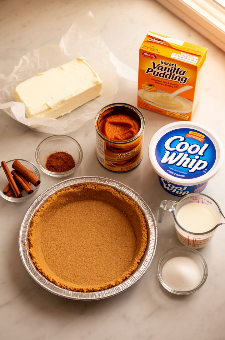 Overhead flat-lay of all ingredients for no bake pumpkin pie arranged on a light marble countertop: a block of cream cheese on parchment, an open can of pumpkin puree showing the deep orange color, a 