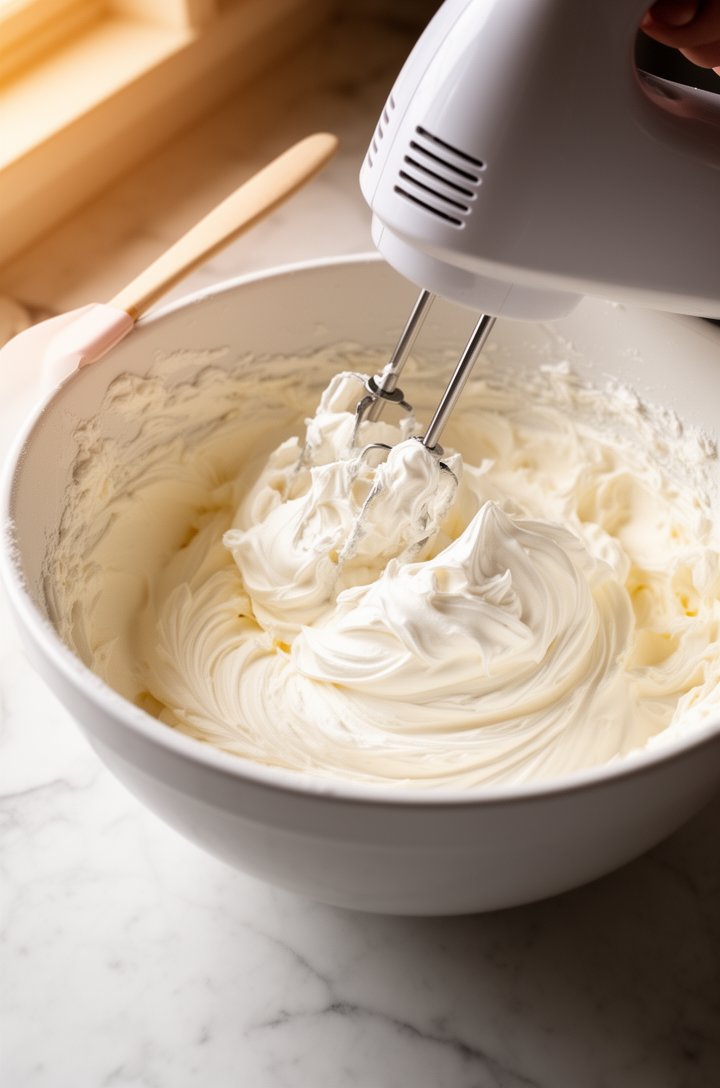 Close-up 45-degree angle shot of a hand mixer blending softened cream cheese, sugar, and Cool Whip in a large white mixing bowl, the mixture smooth and fluffy with visible swirls, some Cool Whip still