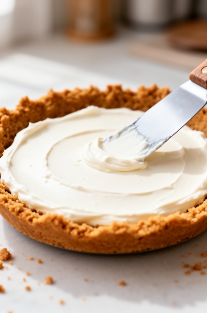 Side-angle close-up of the graham cracker pie crust showing the smooth white cream cheese layer spread evenly across the bottom, a spatula smoothing it flat, the golden-brown crumb crust visible along