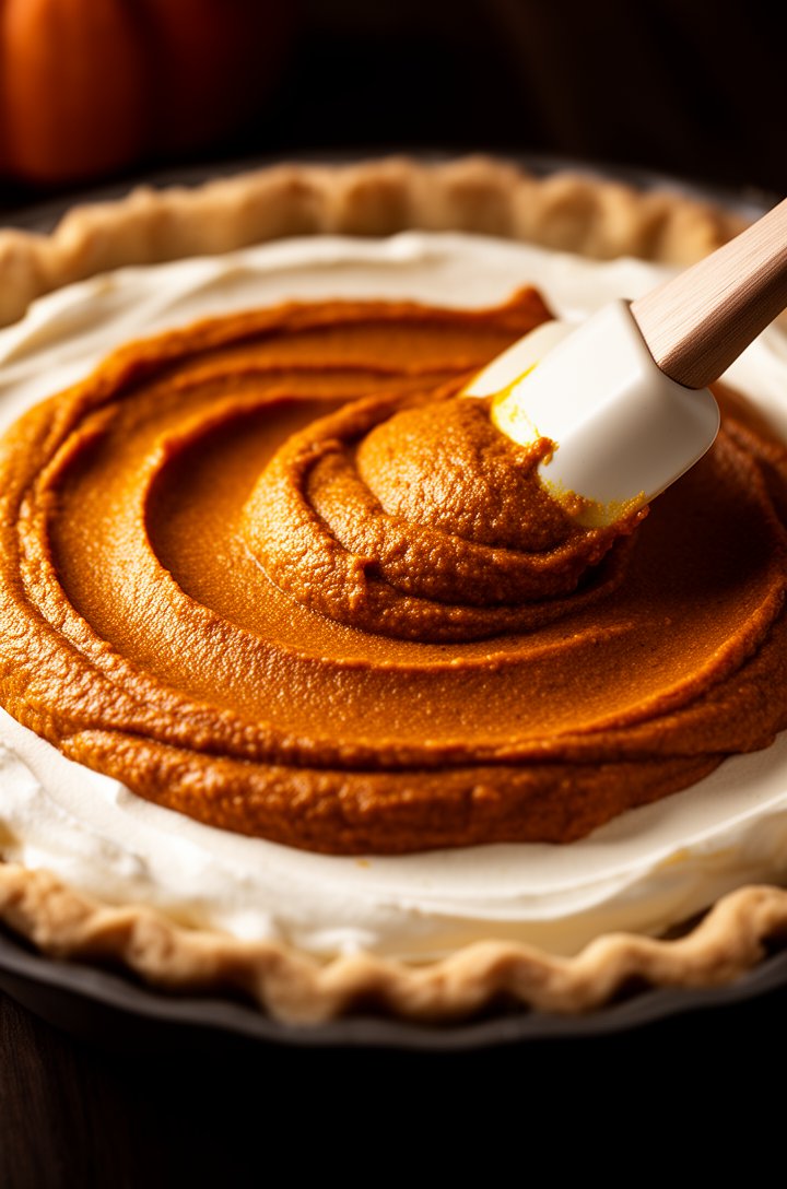 Dramatic close-up of the pumpkin pudding layer being spread over the cream cheese layer in the pie crust, showing the rich deep-orange spiced pumpkin mixture contrasting against the white cream cheese