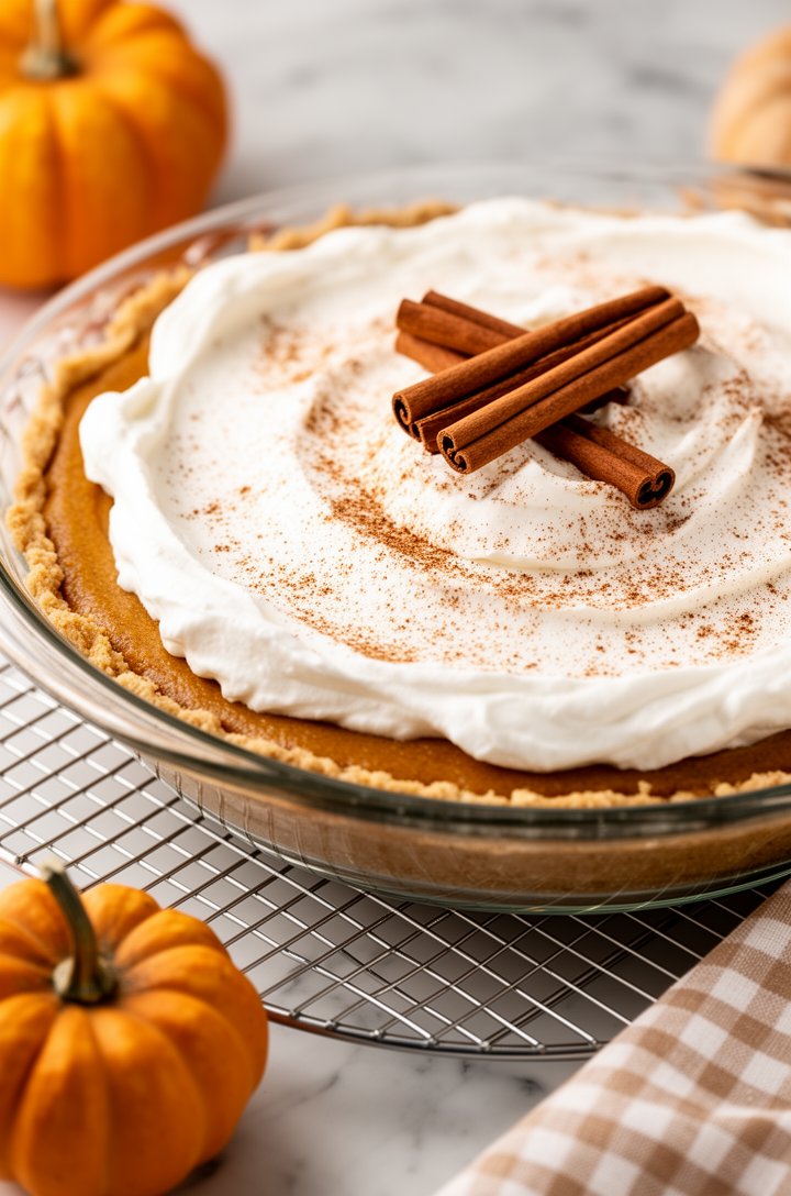 Close-up 45-degree angle of the finished whole no bake pumpkin pie in a glass pie dish, topped with a thick layer of fluffy white whipped cream dusted with cinnamon speckles and a few cinnamon sticks