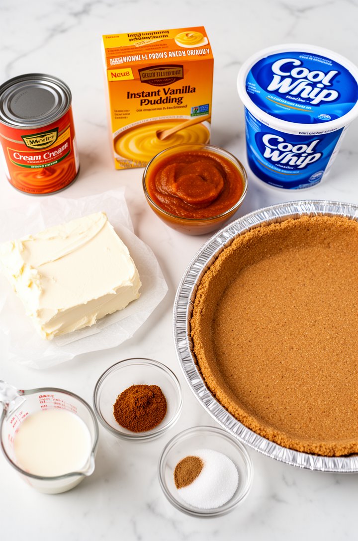 Overhead flat-lay of all no bake pumpkin pie ingredients arranged neatly on a white marble countertop: softened cream cheese on parchment paper, an opened can of deep-orange pumpkin puree, a box of instant vanilla pudding mix, a container of Cool Whip, a store-bought graham cracker crust in its foil pan, small glass prep bowls of ground cinnamon, nutmeg, and pumpkin pie spice, a measuring cup of milk, and granulated sugar. Bright natural window lighting from above, clean and organized, professional food blog photography