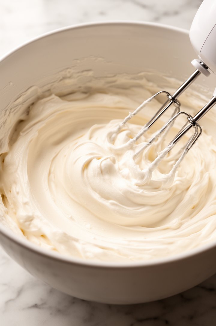 Close-up shot of the smooth cream cheese and Cool Whip mixture in a large white mixing bowl, a hand mixer with beaters resting on the edge, the texture fluffy and perfectly blended with no lumps visible. Soft natural side lighting, light marble surface, shallow depth of field