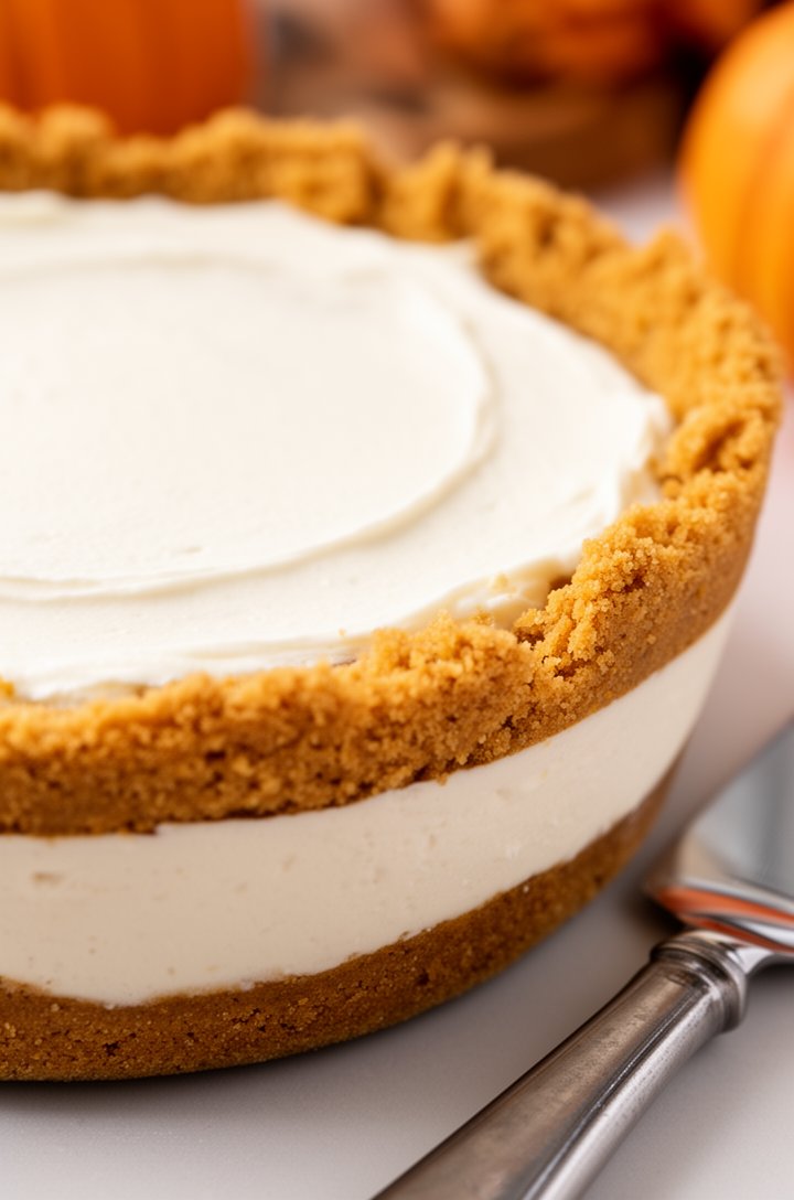 Side-angle close-up showing the graham cracker crust with the cream cheese layer spread evenly across the bottom, the white filling smooth and level against the golden-tan crumb crust walls, a small offset spatula resting beside the pie dish on a light surface