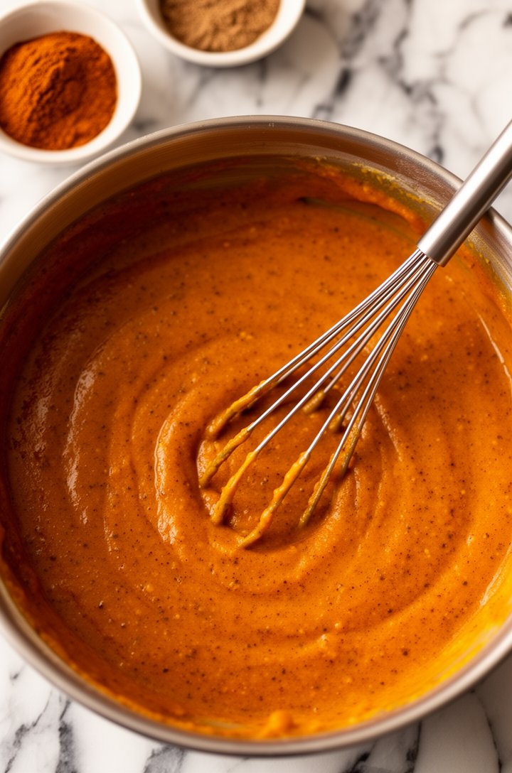 Overhead shot of a mixing bowl containing the deep-orange pumpkin pudding mixture with visible spice flecks throughout, a whisk resting in the bowl, small prep bowls of cinnamon and nutmeg nearby on a marble countertop, warm natural lighting