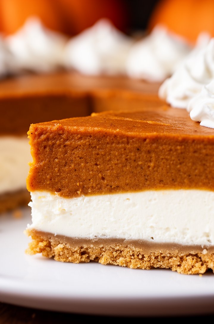 Close-up side angle of the layered pie cross-section showing three distinct layers: the golden graham cracker crust on the bottom, a thick white cream cheese layer in the middle, and the rich deep-orange spiced pumpkin pudding layer on top, before the whipped cream topping is added. Shot at eye level on a white plate, warm side lighting creating depth, shallow depth of field