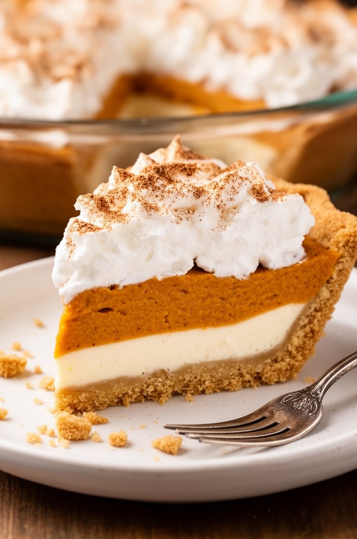 Close-up of a single generous slice of the finished layered no bake pumpkin pie on a small white ceramic plate with a vintage fork beside it, showing all three layers clearly — golden crust, white cream cheese, orange pumpkin, and fluffy whipped cream top dusted with cinnamon. A few graham cracker crumbs scattered on the plate, the rest of the pie blurred in the background in a glass dish. Warm natural side lighting, shallow depth of field, professional food blog photography