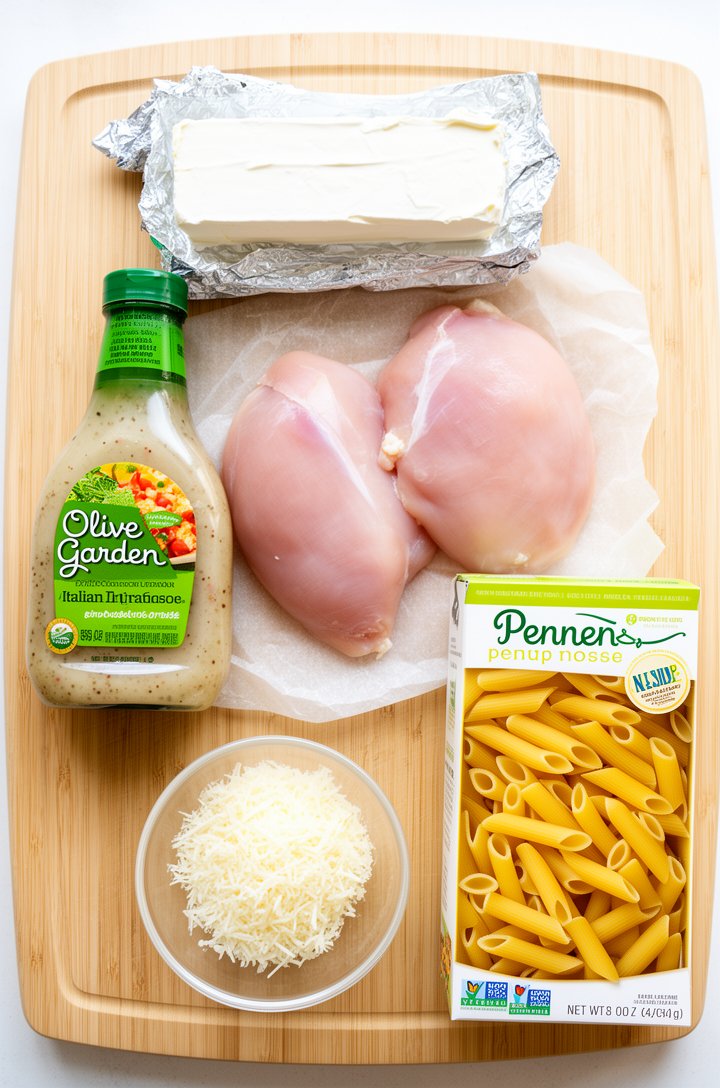Overhead flat-lay of all five ingredients arranged on a light wood cutting board — a bottle of Olive Garden Italian dressing, a block of cream cheese still in the foil wrapper, two raw chicken breasts
