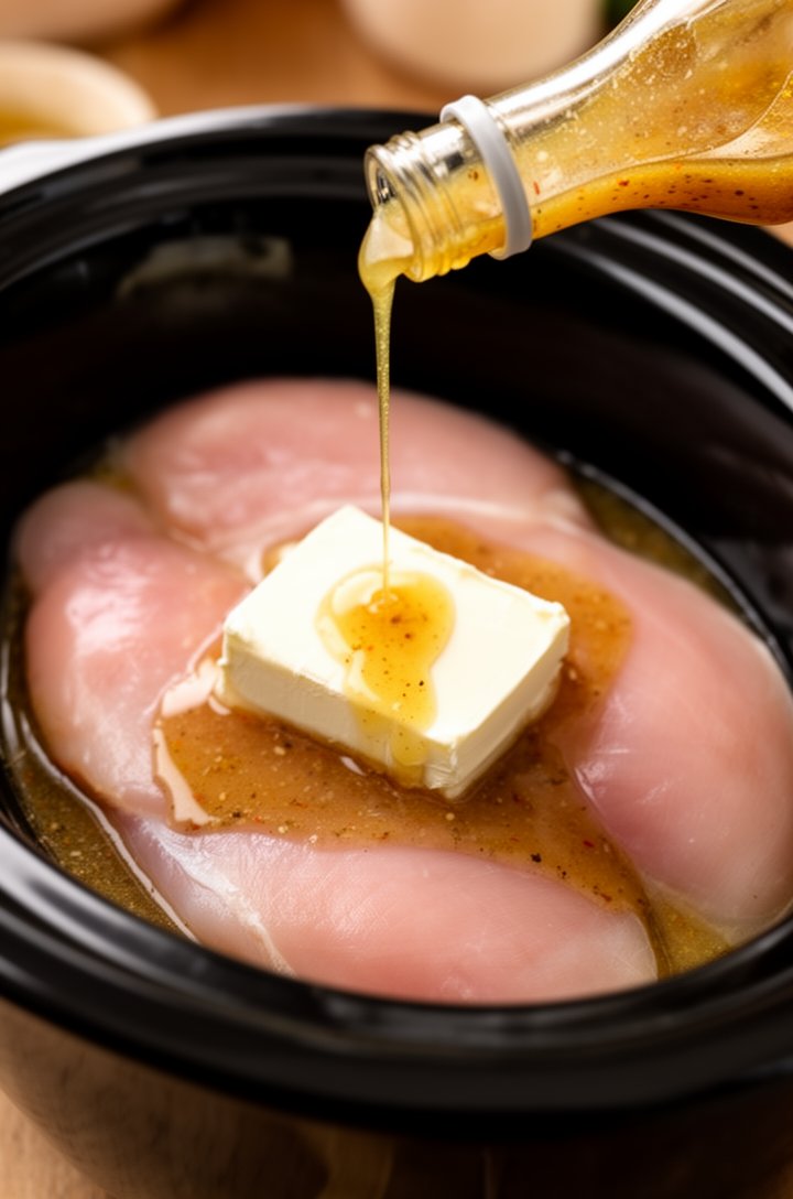 Close-up 45-degree angle shot of raw chicken breasts laying flat in a black oval slow cooker insert with golden Italian dressing being poured over them from a bottle, the dressing pooling around the c