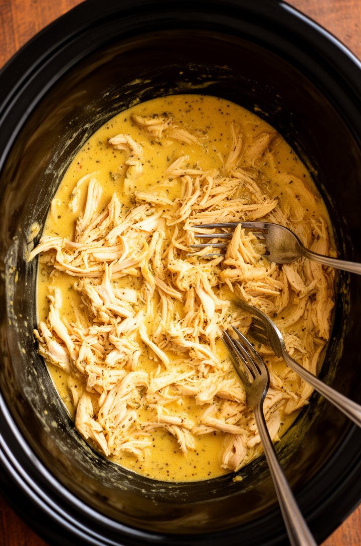 Overhead shot looking directly down into a black slow cooker showing shredded chicken in a creamy golden sauce, two forks resting inside after shredding, the sauce thick and coating all the chicken sh