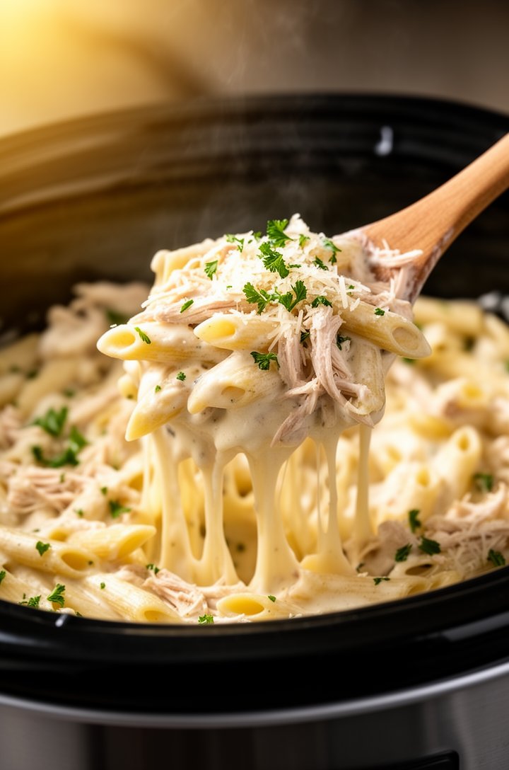 Close-up side angle of a wooden spoon lifting a generous scoop of creamy penne pasta with visible shredded chicken pieces from a black slow cooker, the thick cream sauce stretching and clinging to the