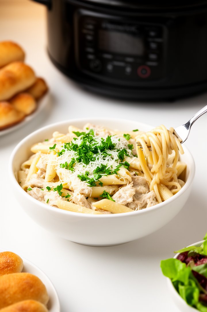 A white round ceramic bowl filled with creamy olive garden chicken penne pasta garnished with bright green chopped parsley and freshly grated parmesan, a silver fork twirling pasta on the right side o