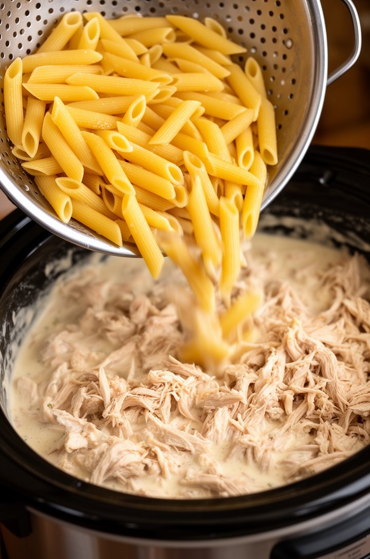 Action shot at 45-degree angle of cooked penne pasta being poured from a colander into the slow cooker full of shredded chicken and creamy sauce, some pasta already mixed in, some still falling, dynamic composition, warm kitchen lighting, shallow depth of field