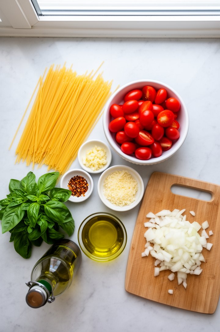 Overhead flat-lay of all one pot pasta ingredients arranged on a light marble countertop — a pile of uncooked linguine, a small bowl of halved bright red cherry tomatoes, a ramekin of minced garlic, a