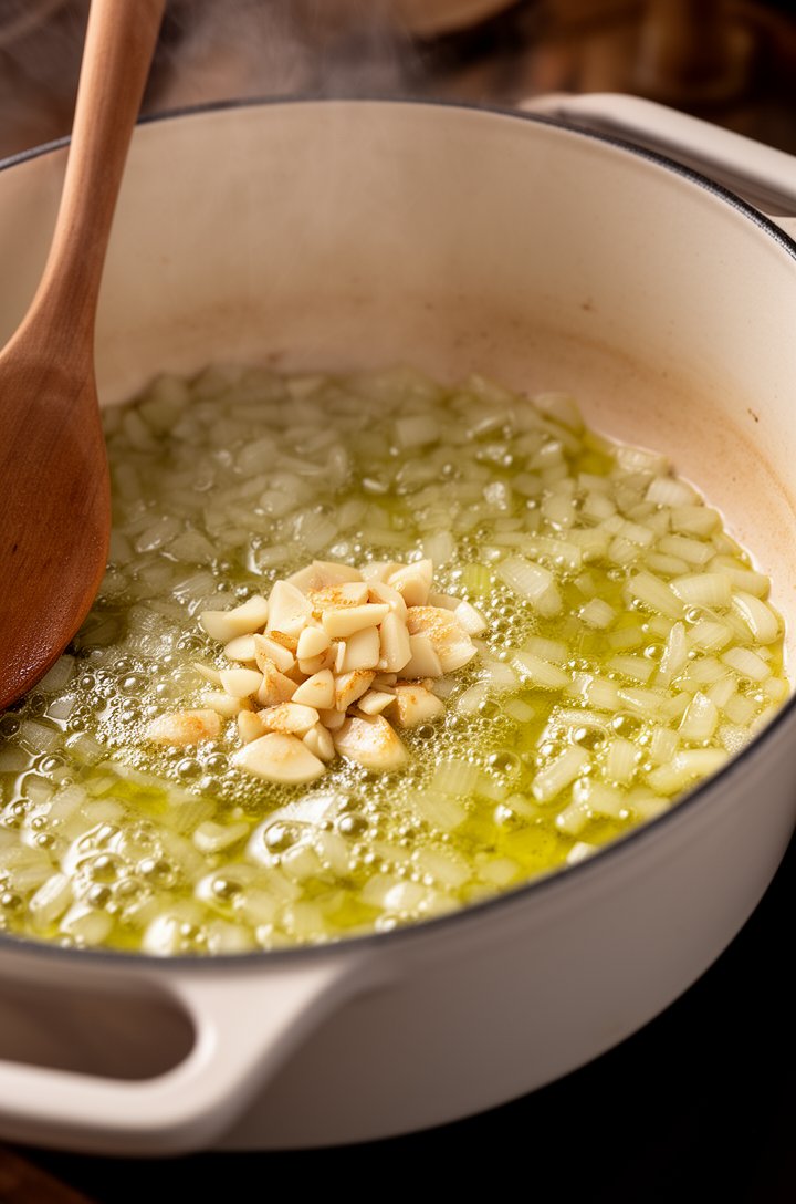 Close-up 45-degree angle shot of translucent chopped onions sizzling in olive oil in a white enamel Dutch oven, garlic just added and starting to turn golden at the edges, tiny bubbles forming in the 