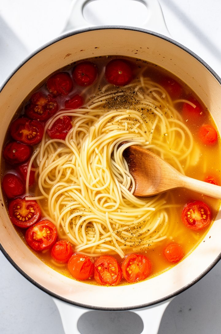 Overhead shot looking directly down into a white Dutch oven with linguine, halved cherry tomatoes, and broth at a rolling simmer, pasta beginning to soften and curl into the golden liquid, some tomato