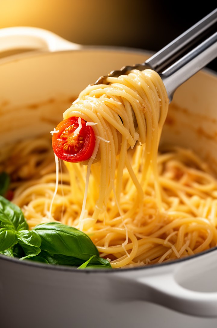Extreme close-up macro shot of finished one pot pasta being lifted with tongs from a white Dutch oven, linguine noodles coated in a glossy starchy parmesan sauce, a halved cherry tomato clinging to th