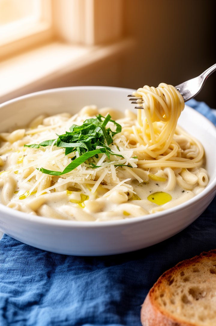 Side-angle beauty shot of a white ceramic bowl filled with creamy one pot pasta, garnished with shredded parmesan, fresh basil chiffonade, and a light drizzle of olive oil, a fork twirling pasta on th