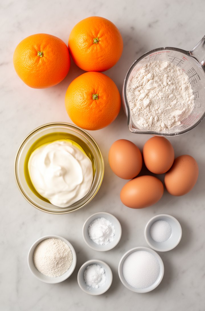 Overhead flat-lay of recipe ingredients arranged on a light marble surface — three bright oranges, a small glass bowl of golden olive oil, a dish of white Greek yogurt, three brown eggs, a measuring c