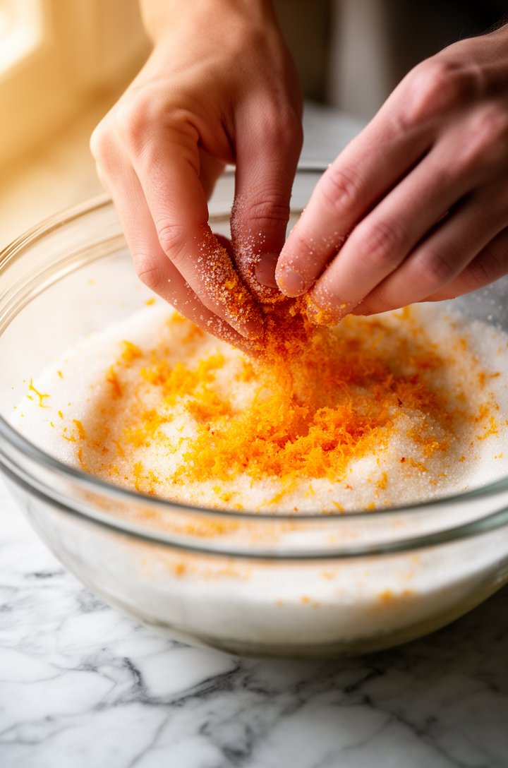 Close-up of two hands rubbing bright orange zest into white granulated sugar in a large glass mixing bowl, the sugar turning a pale amber-orange color with visible zest flecks throughout, marble count
