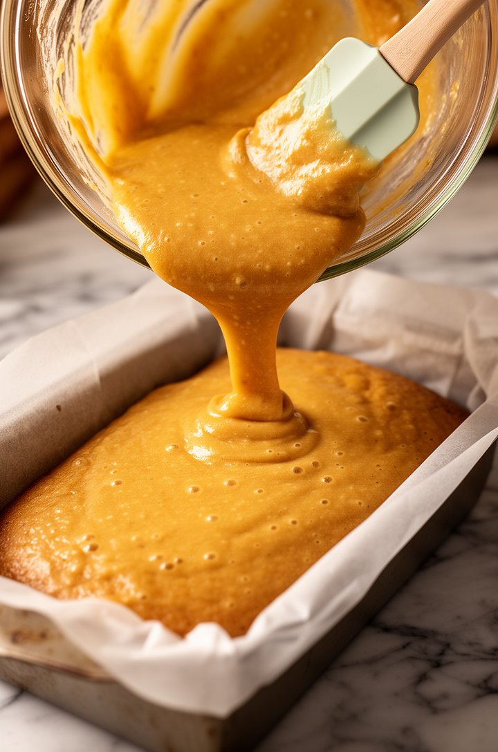 45-degree angle shot of thick golden cake batter being poured from a glass mixing bowl into a parchment-lined loaf pan, the batter glossy and smooth with tiny air bubbles visible, a silicone spatula s