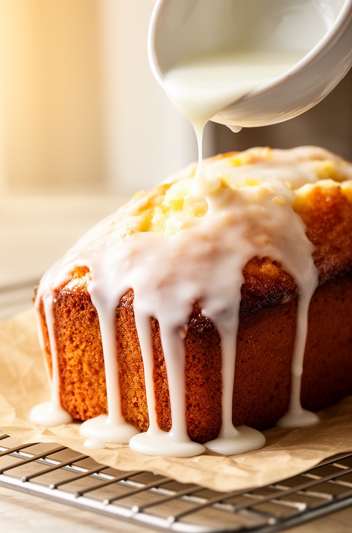 Side-angle close-up of thick white citrus glaze being poured from a small bowl over the top of a golden-brown loaf cake on a wire cooling rack, the glaze cascading down the sides in thick slow drips, 