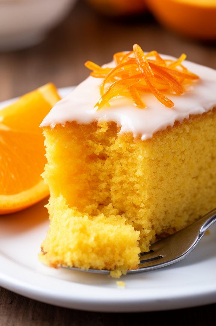 Extreme close-up of a single thick slice of orange cake on a small white ceramic plate, the tender golden-yellow crumb clearly visible with a fine, moist texture, white glaze on top with a few strands