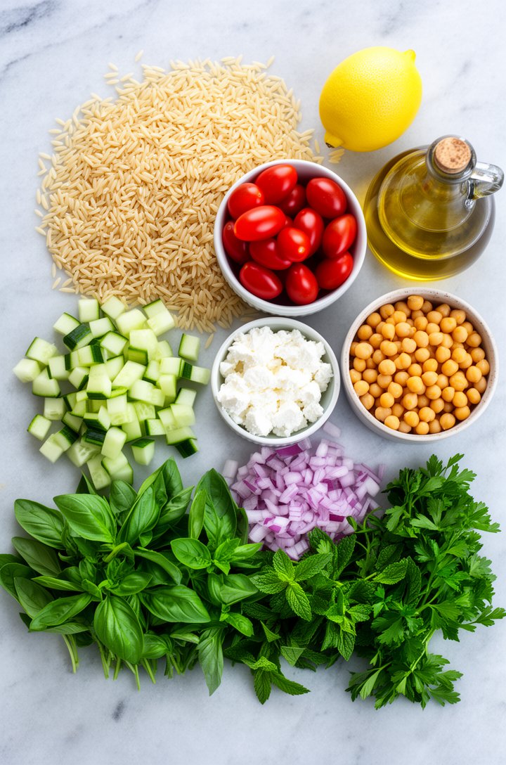 Overhead flat-lay of orzo pasta salad ingredients arranged in separate piles on a light gray marble surface — a mound of raw orzo pasta, a small bowl of halved ruby-red cherry tomatoes, diced transluc