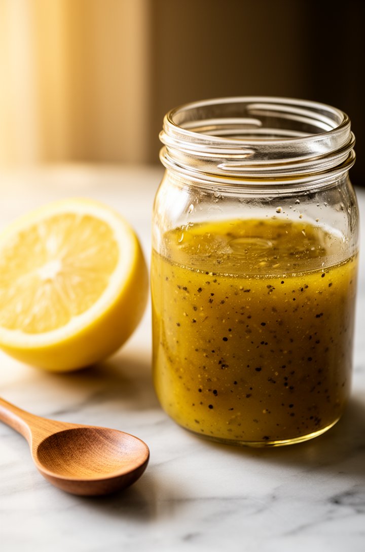 Close-up 45-degree angle shot of a mason jar filled with golden lemon vinaigrette — olive oil, red wine vinegar, and lemon juice emulsified together, tiny flecks of black pepper visible suspended in t