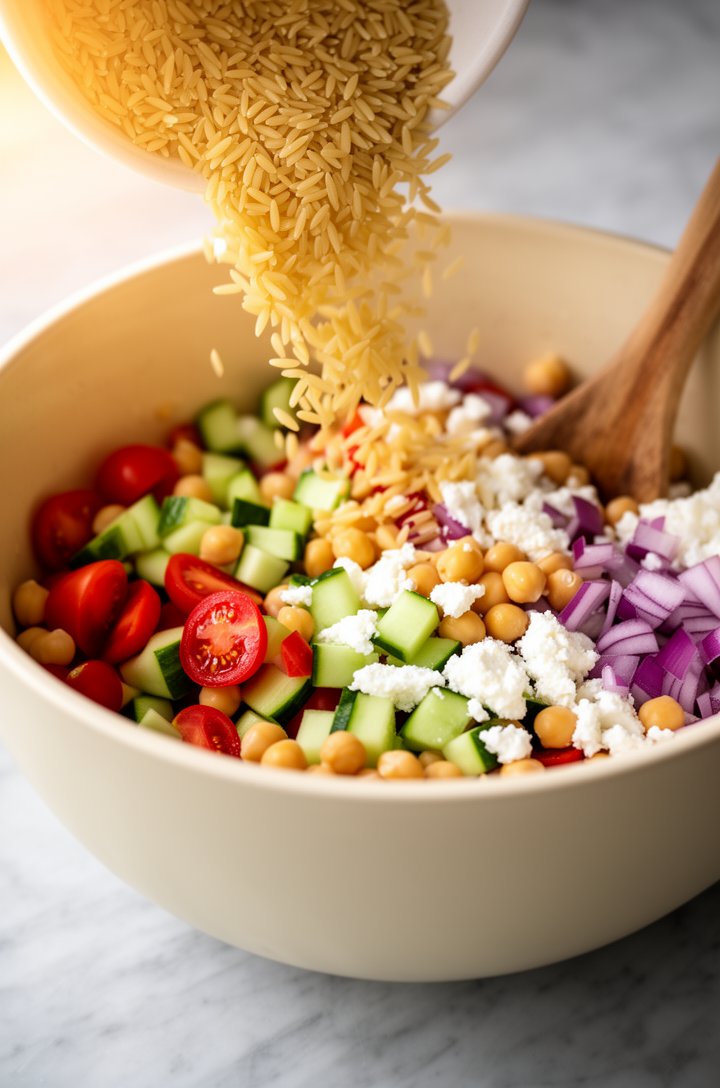 45-degree medium close-up of cooled orzo pasta being added to a large cream-colored ceramic mixing bowl already filled with colorful diced vegetables — red cherry tomato halves, green cucumber chunks,