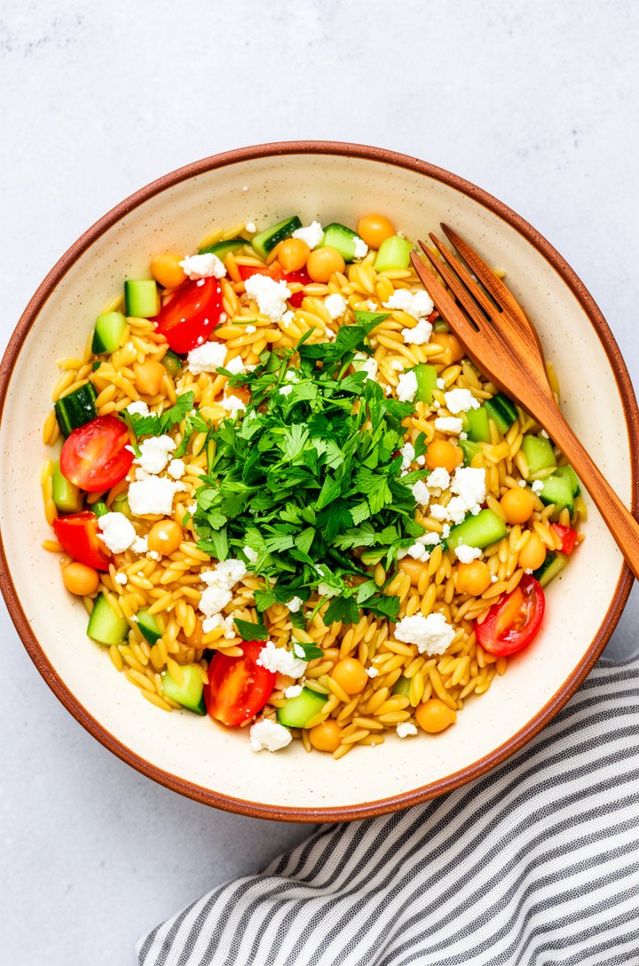 Overhead flat-lay shot of the finished orzo pasta salad in a speckled cream ceramic bowl with a rustic brown rim, a wooden fork resting on the right side. The salad is vibrant and colorful — golden or