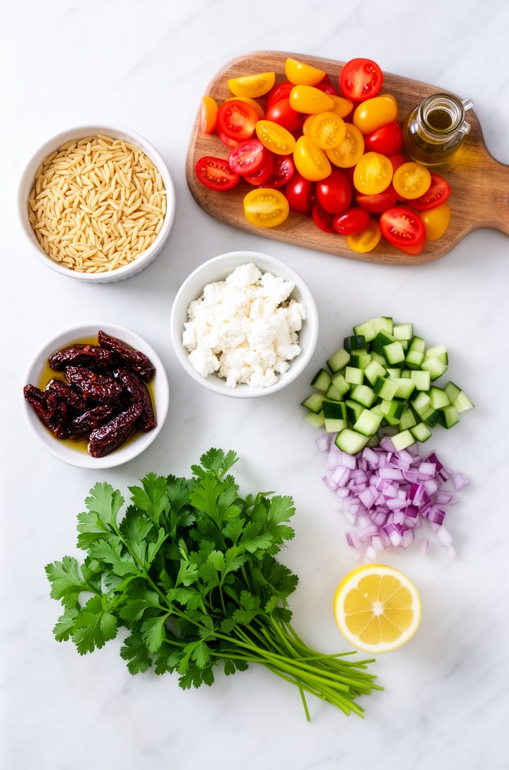 Overhead flat-lay of orzo salad ingredients arranged on a white marble surface before mixing: a small bowl of raw orzo pasta, a wooden cutting board with halved red and yellow cherry tomatoes, a ramek